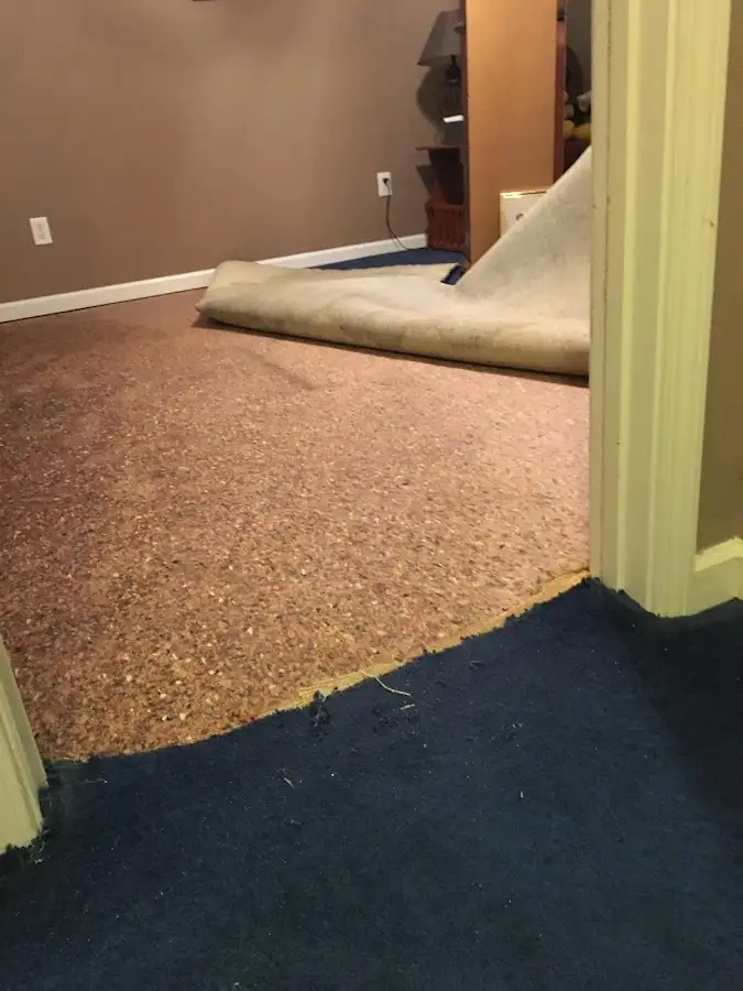Carpet pad removal revealing water damage during Water Mitigation Services in Lansing